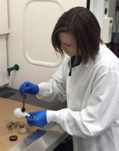 Scientest performing a fingerprint exam