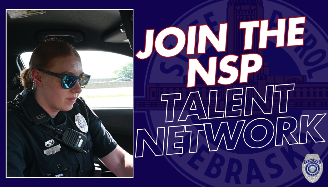 Trooper looking at a computer screen. Graphic that reads "Join the NSP Talent Network"