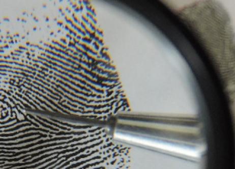 examining fingerprints under magnifying glass