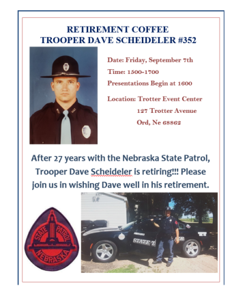 flyer for retirement event for trooper dave scheideler